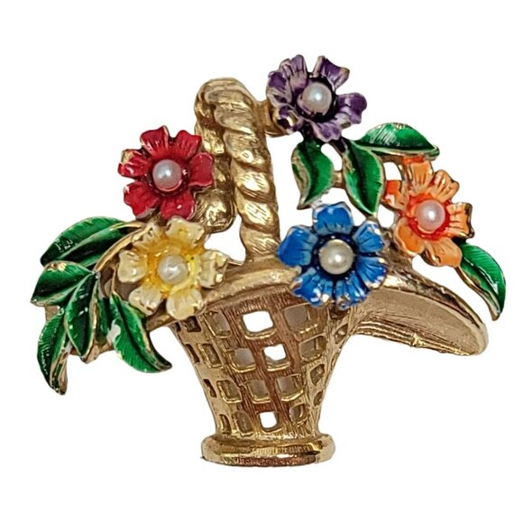 St. Labre Gold Tone Multicolor Enamel Clear Rhinestone Basket of Flowers Brooch - Picture 9 of 9